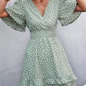 V Neck Mini Dress Fashion Floral Slim Short Lotus Leaf Sleeve