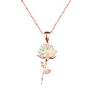 Romantic Female White Opal, Golden Leaf Chain Necklace Dainty Rose Flower Necklace