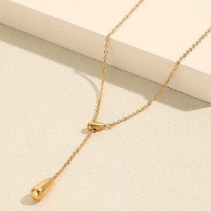 Elegant Teardrop Shape Beads Necklace 18K Gold Plated Golden Titanium Steel Luxury Clavicle Chain