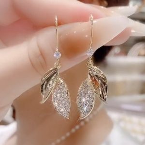 Leaf Full Of Rhinestones Ear Hook Earrings