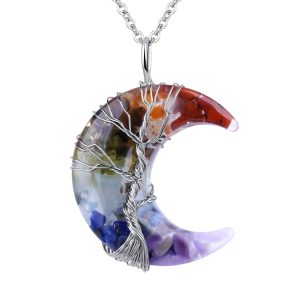 Natural Stone Charm Necklace Tree Of Life Wire Wrapped Crescent Moon