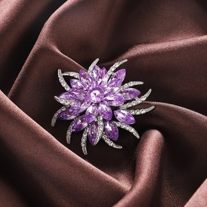 Purple Rhinestone Crystal Bouquet Flower Corsage Scarf Clips Brooch