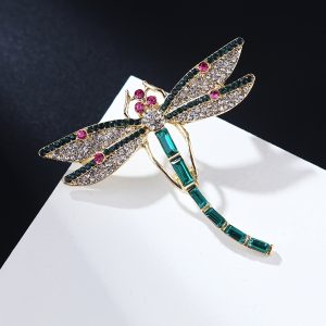 Golden Tone Green Enameled Oversize Dragonfly Brooch, Pin