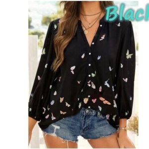 Printed Lapel Button Long Sleeve Shirt