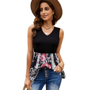 Leopard Floral Panel V-Neck Sleeveless Tank Top