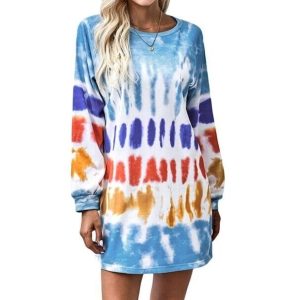 Tie Dye Round Neck Long Sleeve Casual Tunics Dress