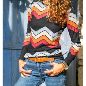 Long-sleeved Round Neck Geometric Print T-shirt