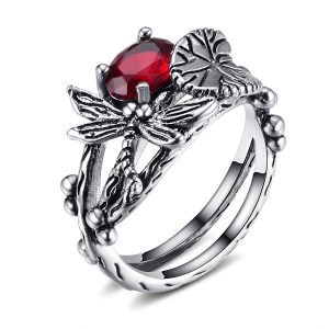 Dragonfly Lotus Retro Ancient Silver Inlaid Zircon Ring