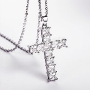 Cross Necklace Inlaid White/Pink Cubic Zirconia