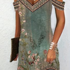 Floral Print Cold Shoulder Dress, V Neck Summer Dress
