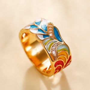 Handmade Enamel Ring Colorful Feather Pattern Gold Color Cubic Zirconia