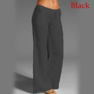 Women's Cotton Linen, Wide Leg Pants, Solid Casual, Elastic Waist Long Trousers