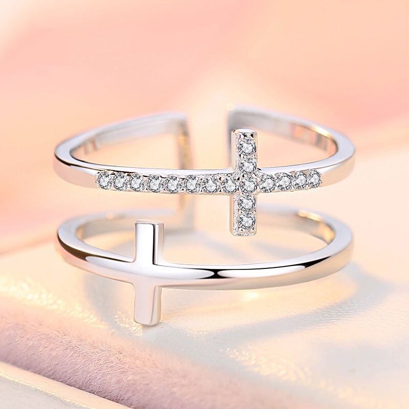 Double Cross Miniature Copper Inlaid Zircon Ring - Image 3