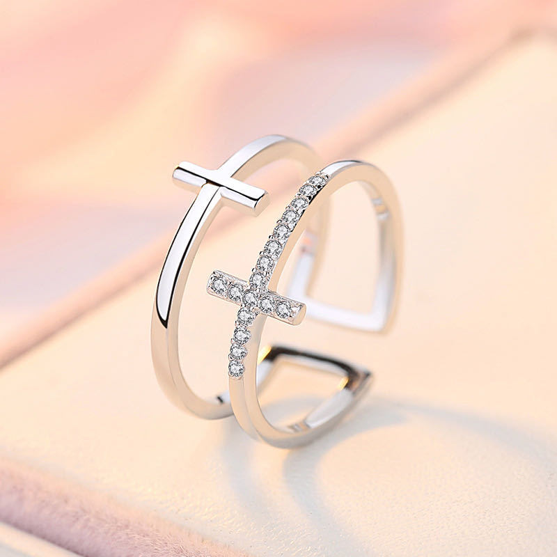 Double Cross Miniature Copper Inlaid Zircon Ring - Image 4