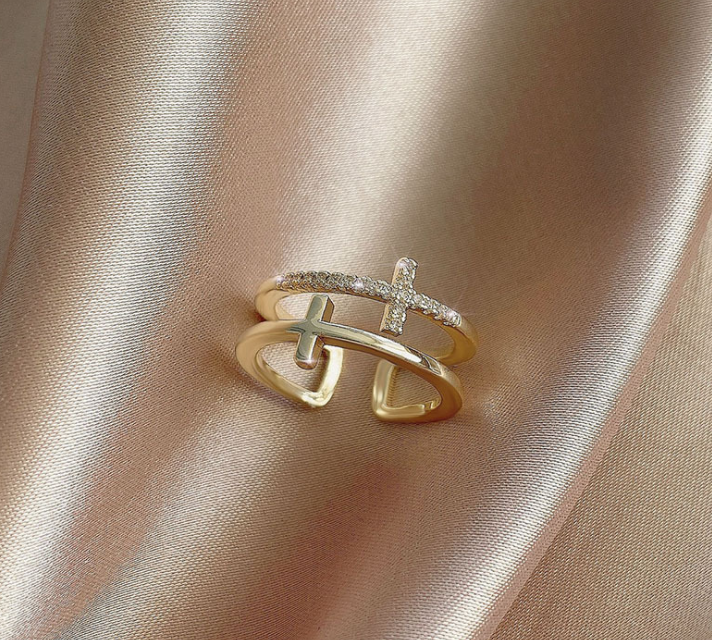 Double Cross Miniature Copper Inlaid Zircon Ring - Image 5