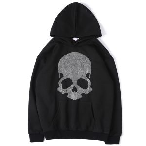 Skull Pattern Rhinestone Kangaroo Pocket Hoodie, Casual Long Sleeve Hooded Sweatshirt