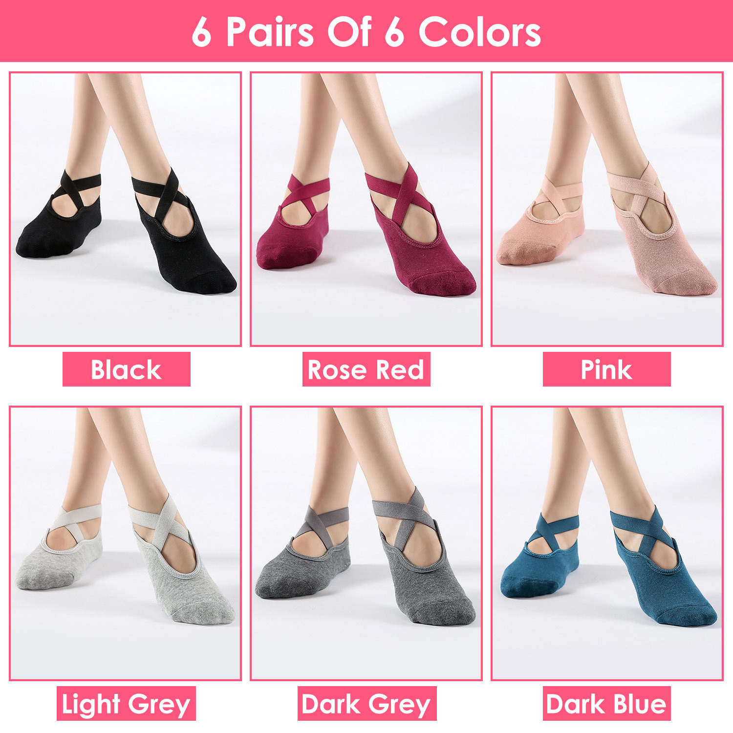 6 Packs Women Yoga Socks with Straps Non-Slip Grips for Pilates Pure Hospital Walking Dance Indoor - Image 2