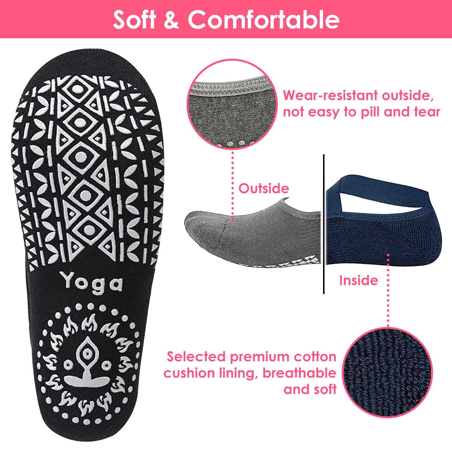 6 Packs Women Yoga Socks with Straps Non-Slip Grips for Pilates Pure Hospital Walking Dance Indoor - Image 3