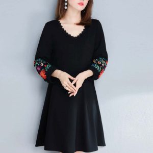 V Neck Dress with Embroidered Sleeves