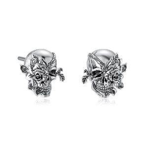 Sterling Silver Rose Flower Skull Stud Earrings Silver Skull Halloween