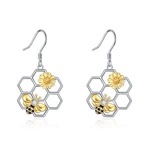 925 Sterling Silver Beehive Honeycomb and Bee Earrings for Women