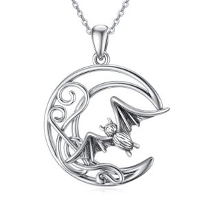 Bat Necklace S925 Sterling Silver Celtic Moon Bat Pendant Bat Jewelry for Women Girls Halloween Christmas Gift